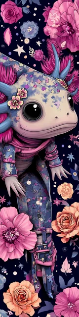 Free printable axolotl bookmark featuring flowers around a cute axolotl